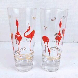 COLLINS 24K Gold Stylized 12oz Flamingo MCM Mod  6.75" Barware Glass Set Of 2